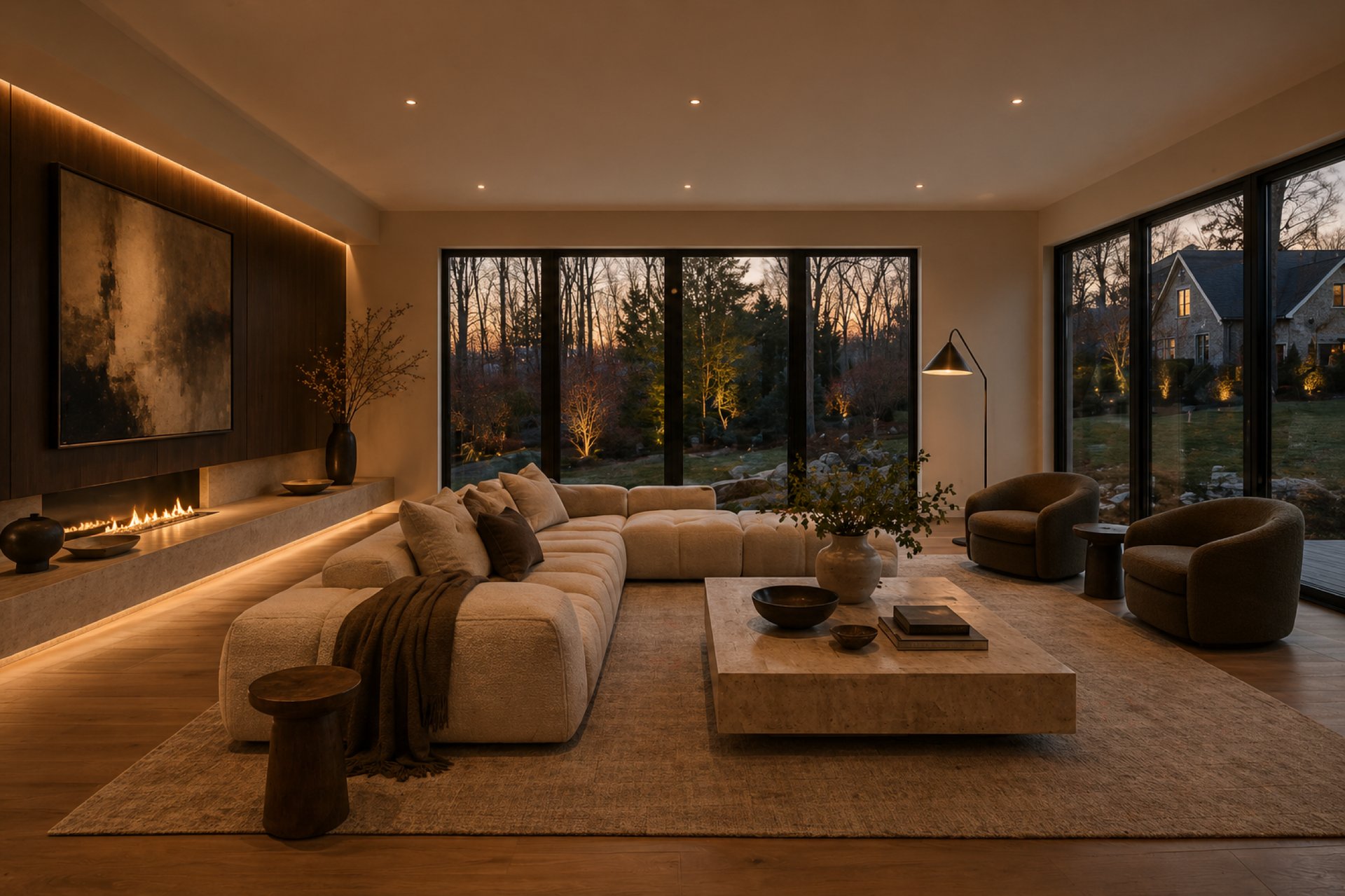 Living room at dusk in a CG Homes residence, Bedford, NY