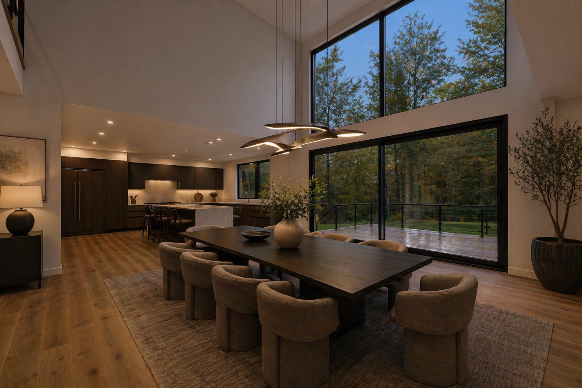 Double-height dining room in the trees