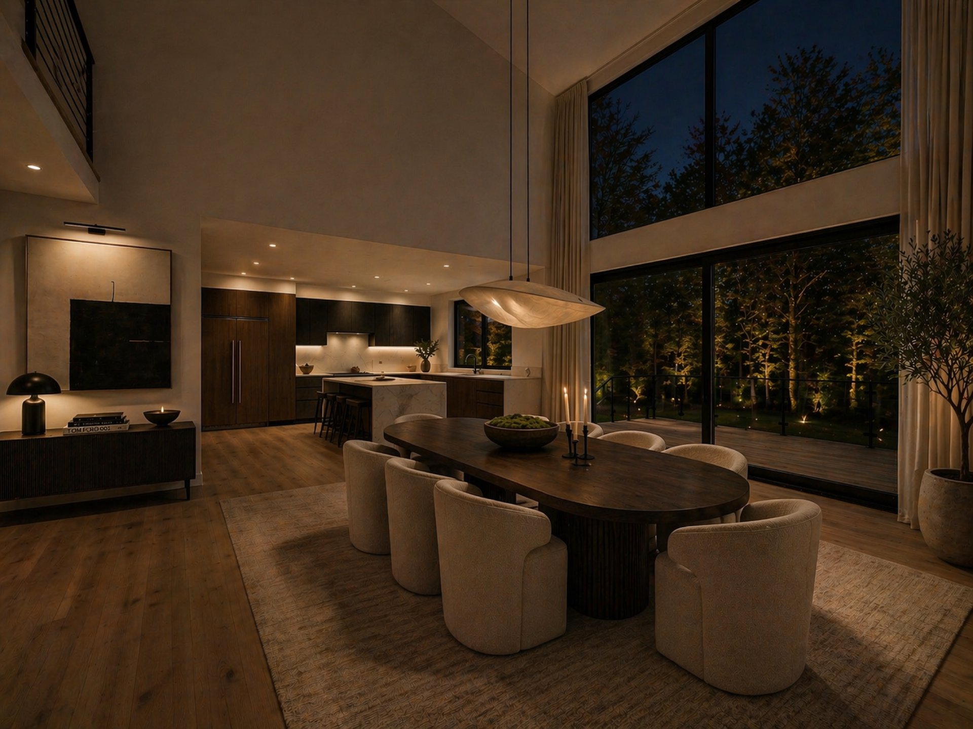 Living space glowing against the evening woods