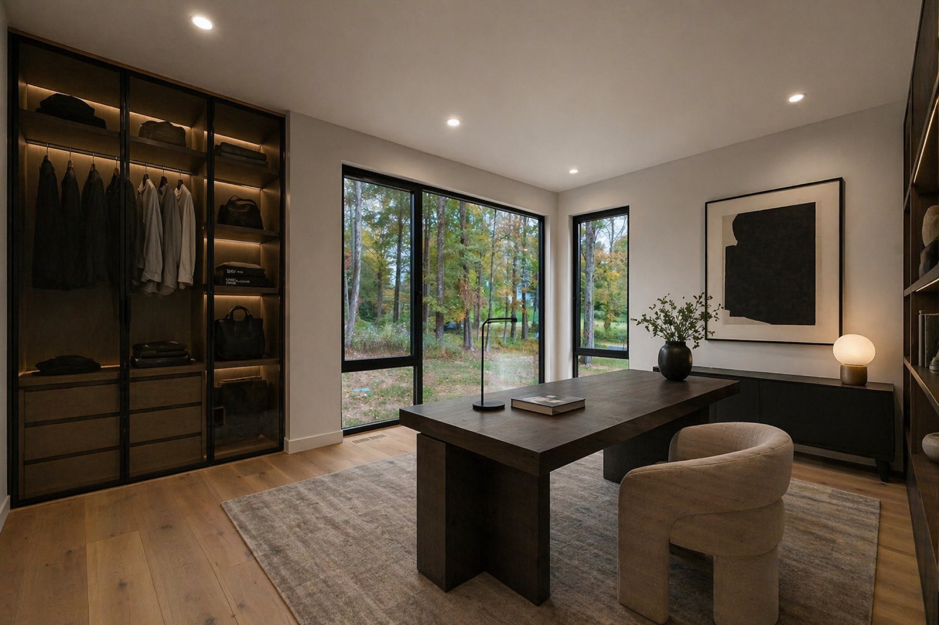Home office with built-in wardrobe wall